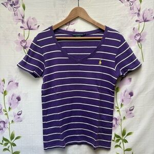 Ralph Lauren Sport Purple And White Striped V Neck Short Sleeve Cotton T Shirt